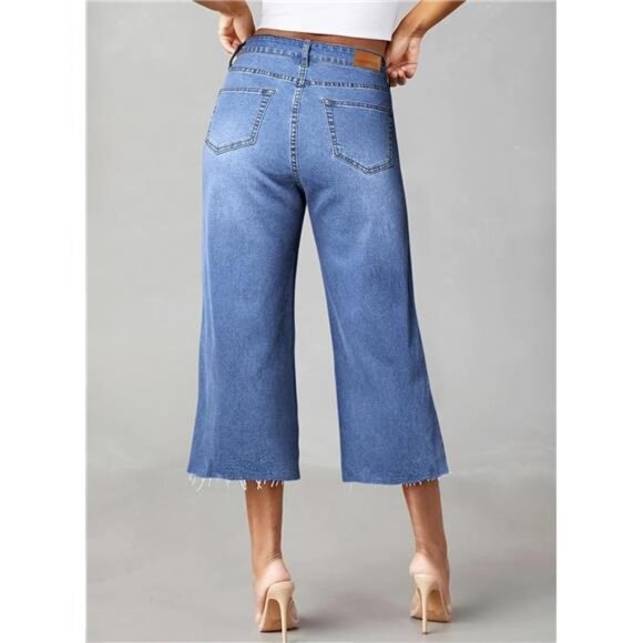 Women High Waisted Wide Leg Jeans Stretchy Baggy Capri Denim Pants - Picture 2 of 7
